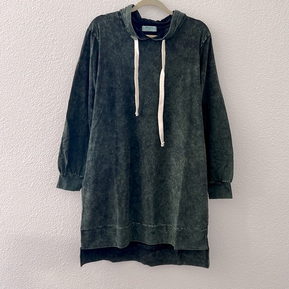 ZENANA • Green Acid Washed Hoodie Sweater Long Sleeve High-Low Dress w/ Pockets - Picture 2 of 7
